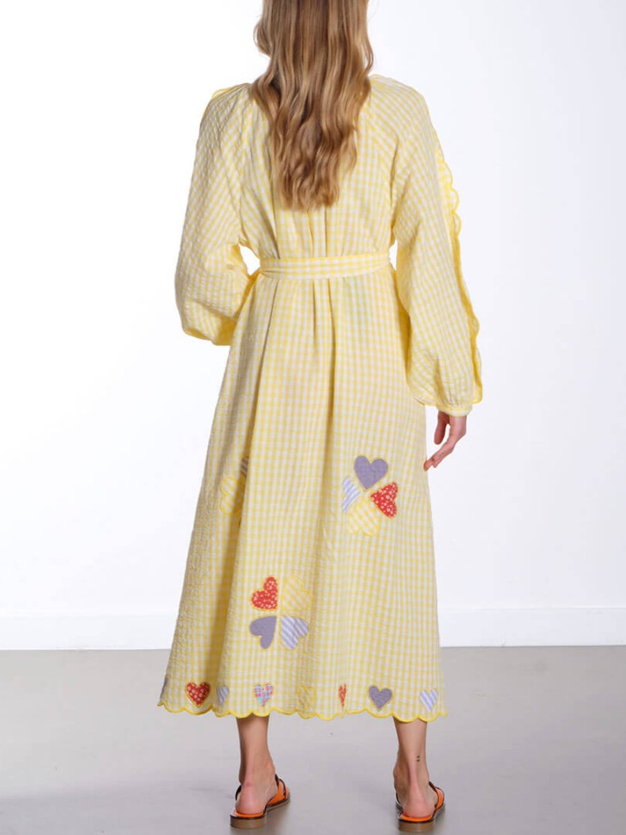 Yellow Checks Cotton Midi Dress