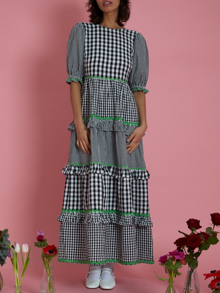 Mixed Gingham Half Sleeve Maxi Dress