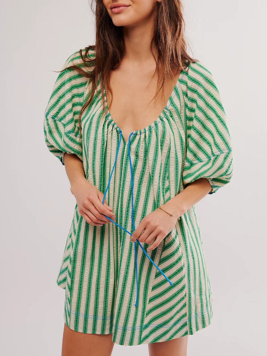 Green Striped Loose Fit Mini Dress