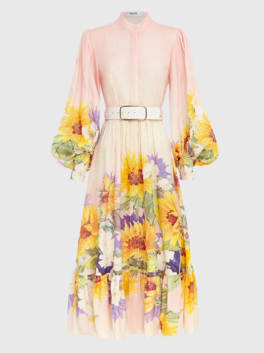 Sunflower Print Silk Linen Blend Midi Dress