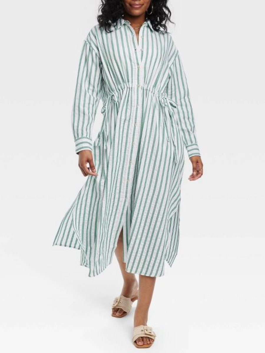 Green Striped Long Sleeve Cinch Waist Maxi Dress