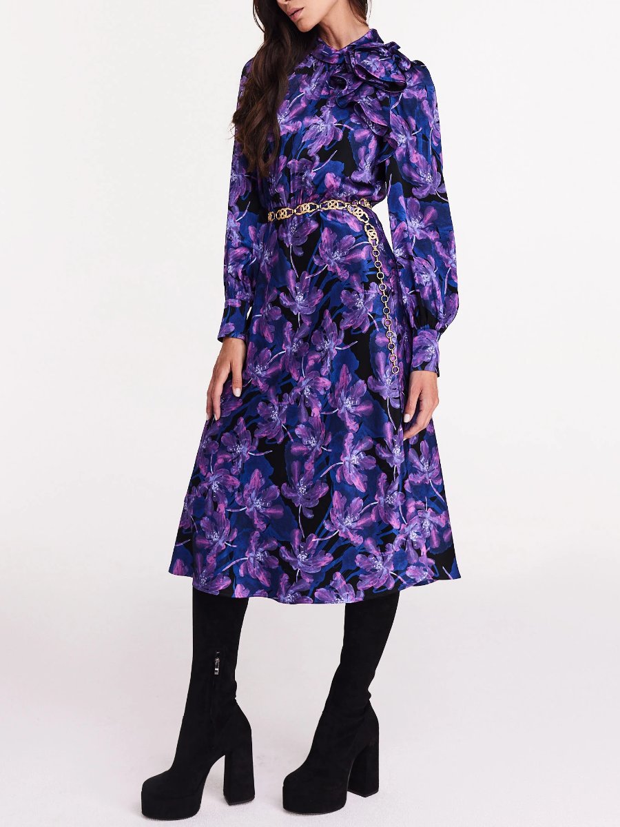 Satin Floral Purple Midi Dress