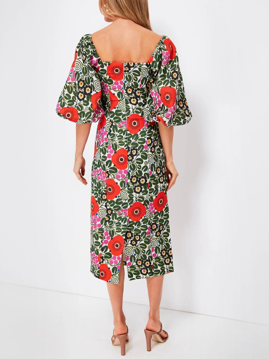 Poppies Balloon Sleeve Midi Dress