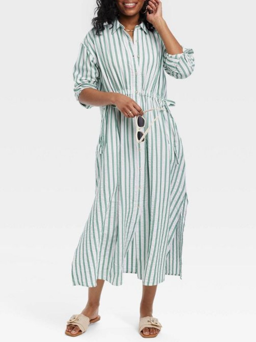 Green Striped Long Sleeve Cinch Waist Maxi Dress