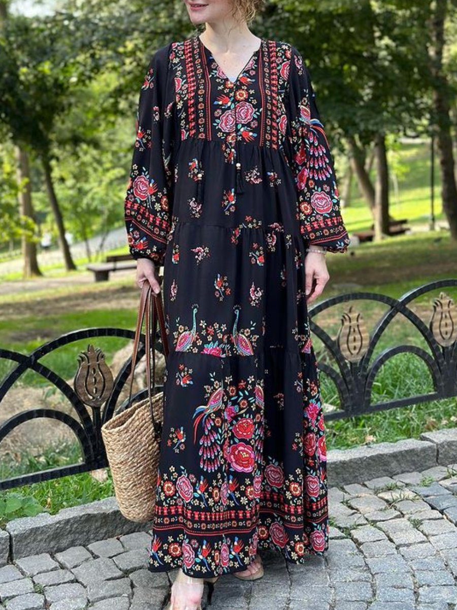 Peacock Print Black Maxi Dress