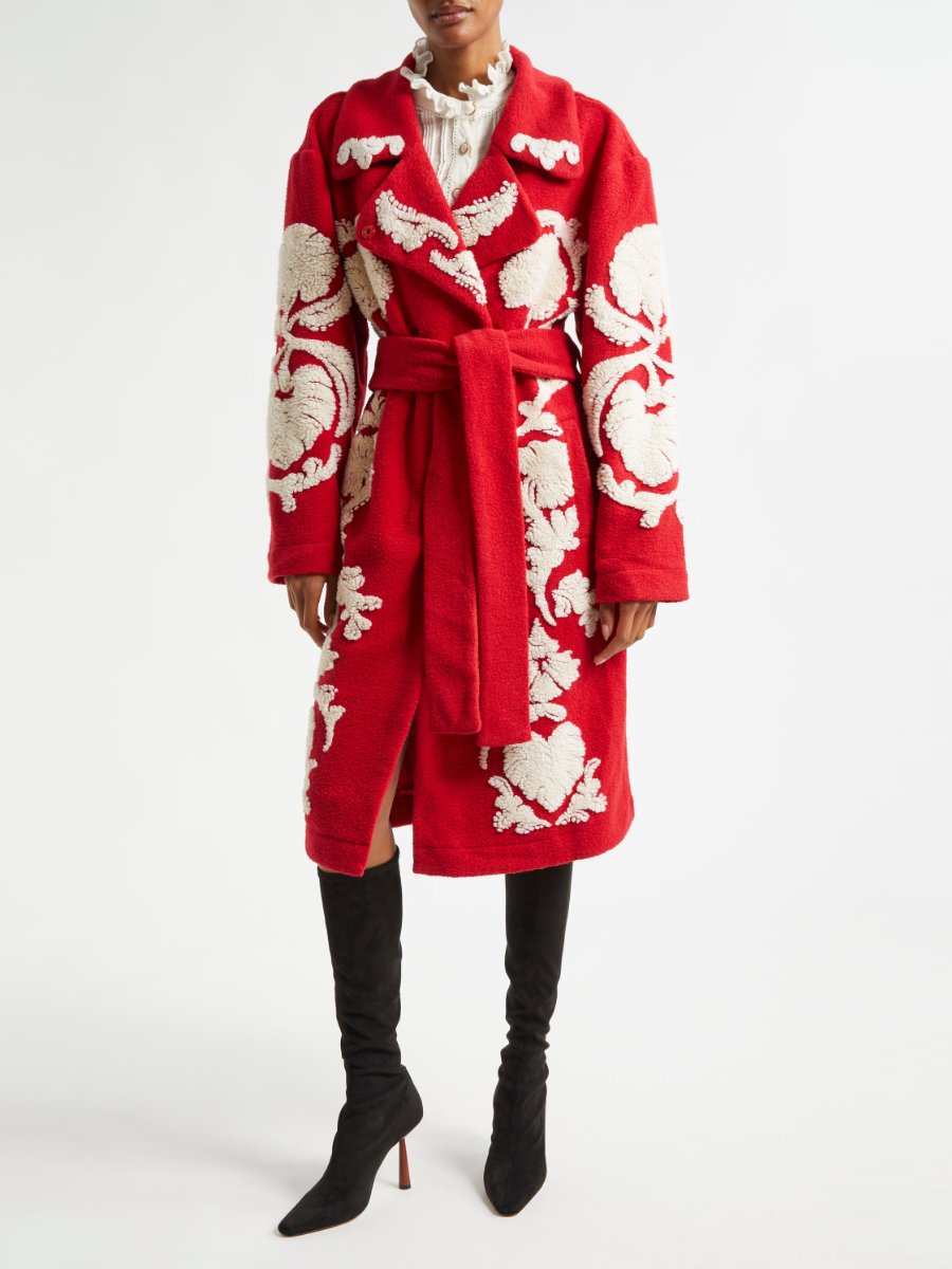 Red Sculpted Fleece Wrap Coat