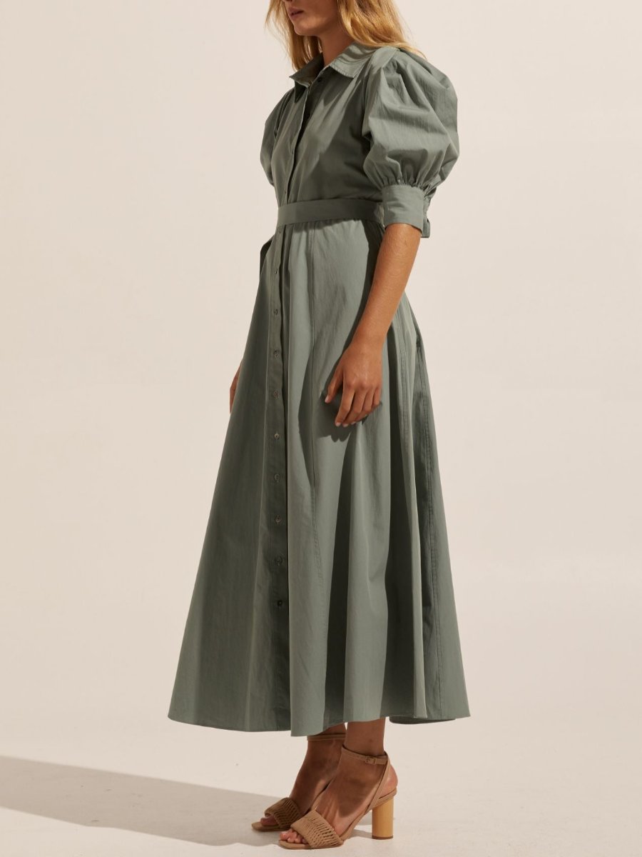 Blouson Sleeve Sage Midi Dress