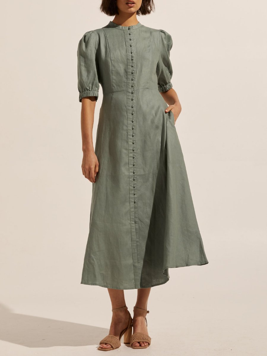 Elasticated Sleeve Sage Midi Dress