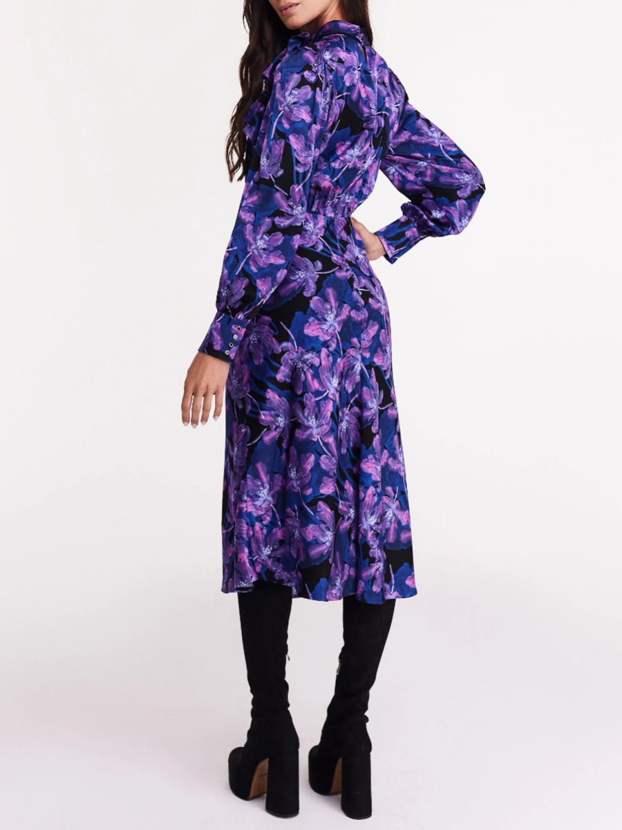 Satin Floral Purple Midi Dress