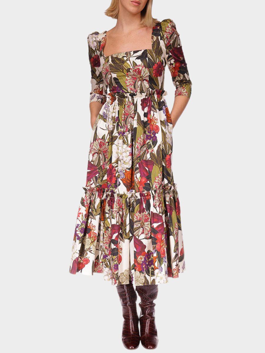 Square Neck Garden Flora Print Midi Dress