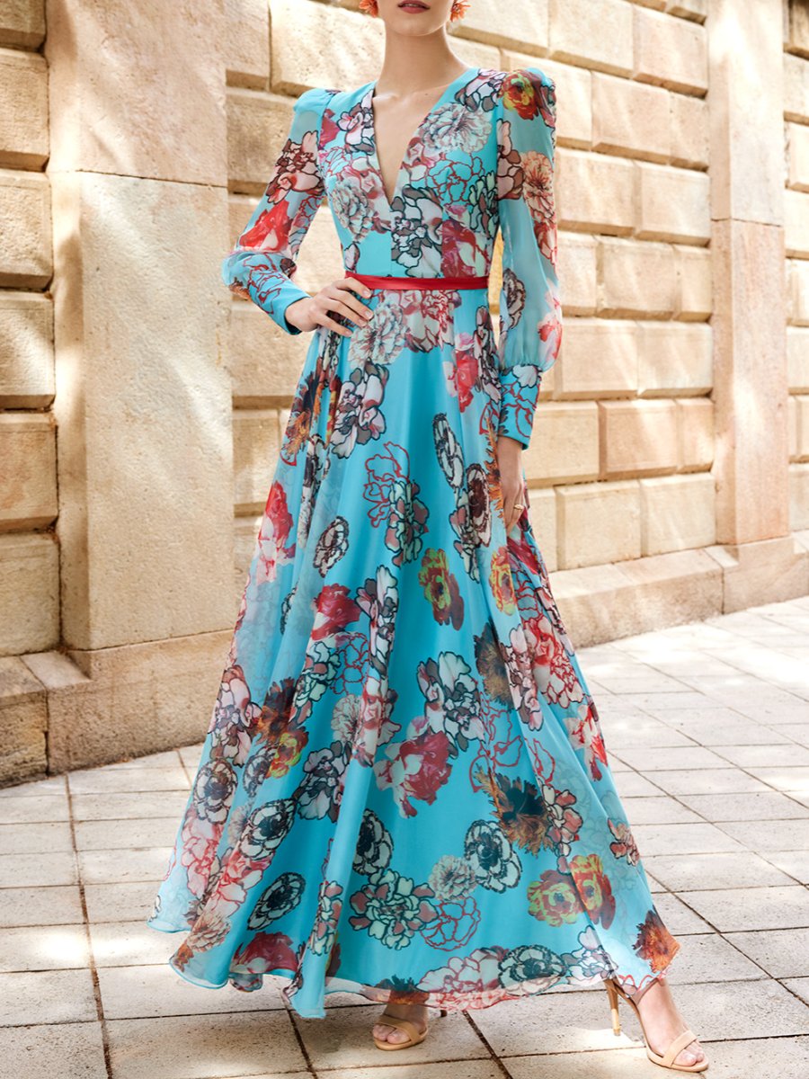 V-Neck Long Sleeve Floral Maxi Dress