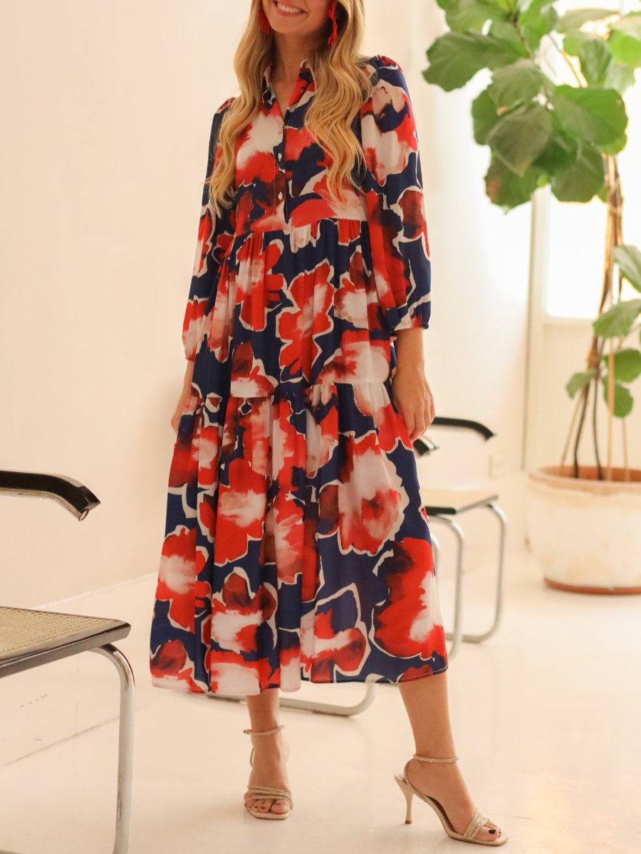 Watercolor Long Sleeve Shirt Midi Dress