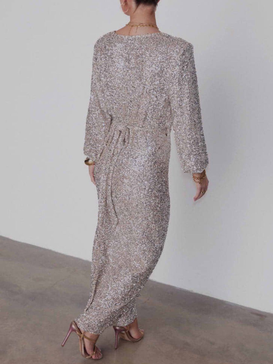 Silver Sequin Wrap Maxi Dress