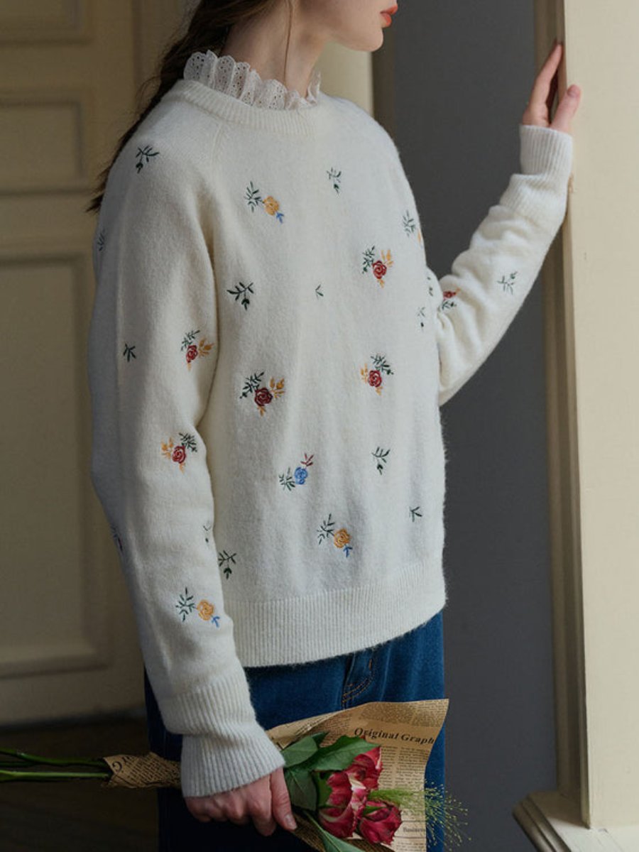 Floral Embroidery Raglan Sleeve Sweater