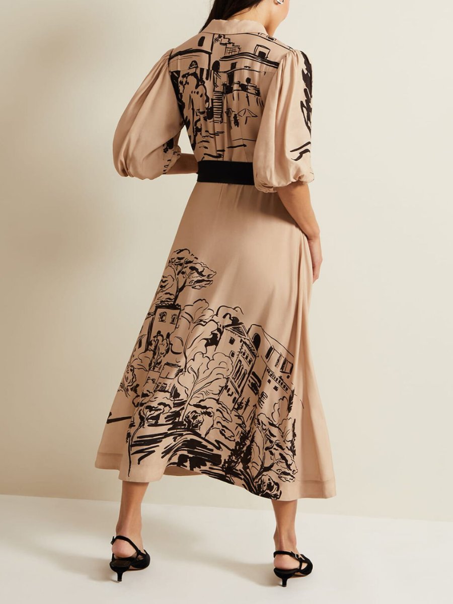 Puff Sleeve Hand-Painted Shirt Maxi Dress