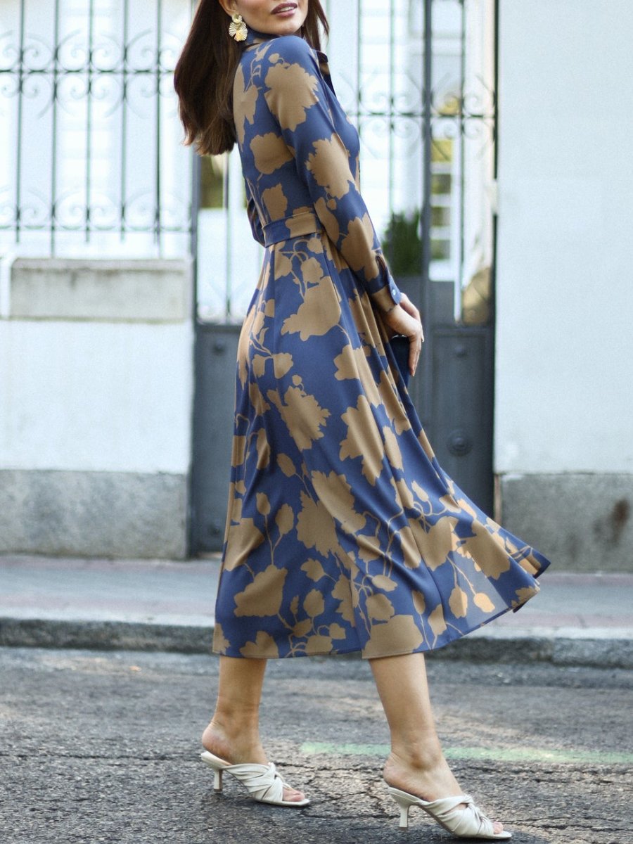 Long Sleeve Multi Color Printed Shirt Midi Dress