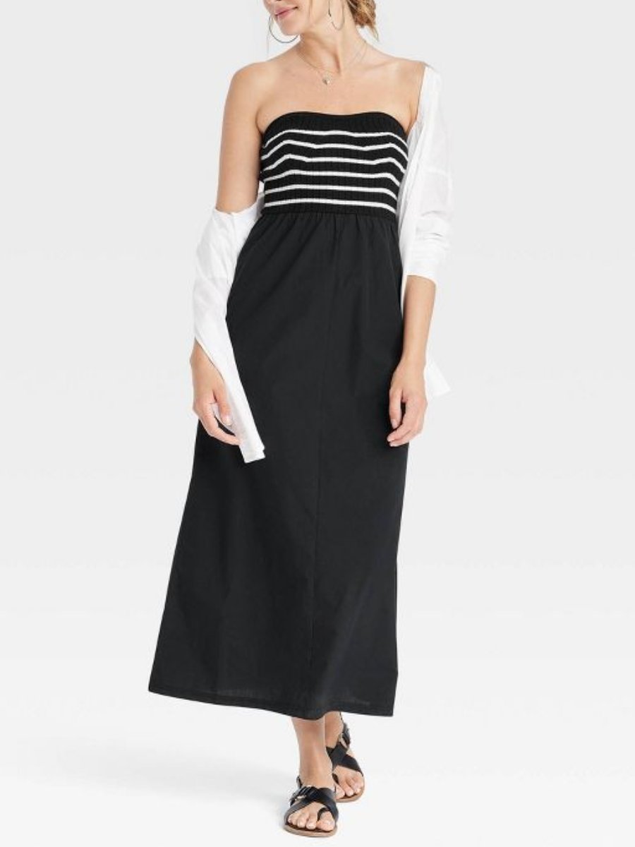 Black Striped Strapless Midi Dress