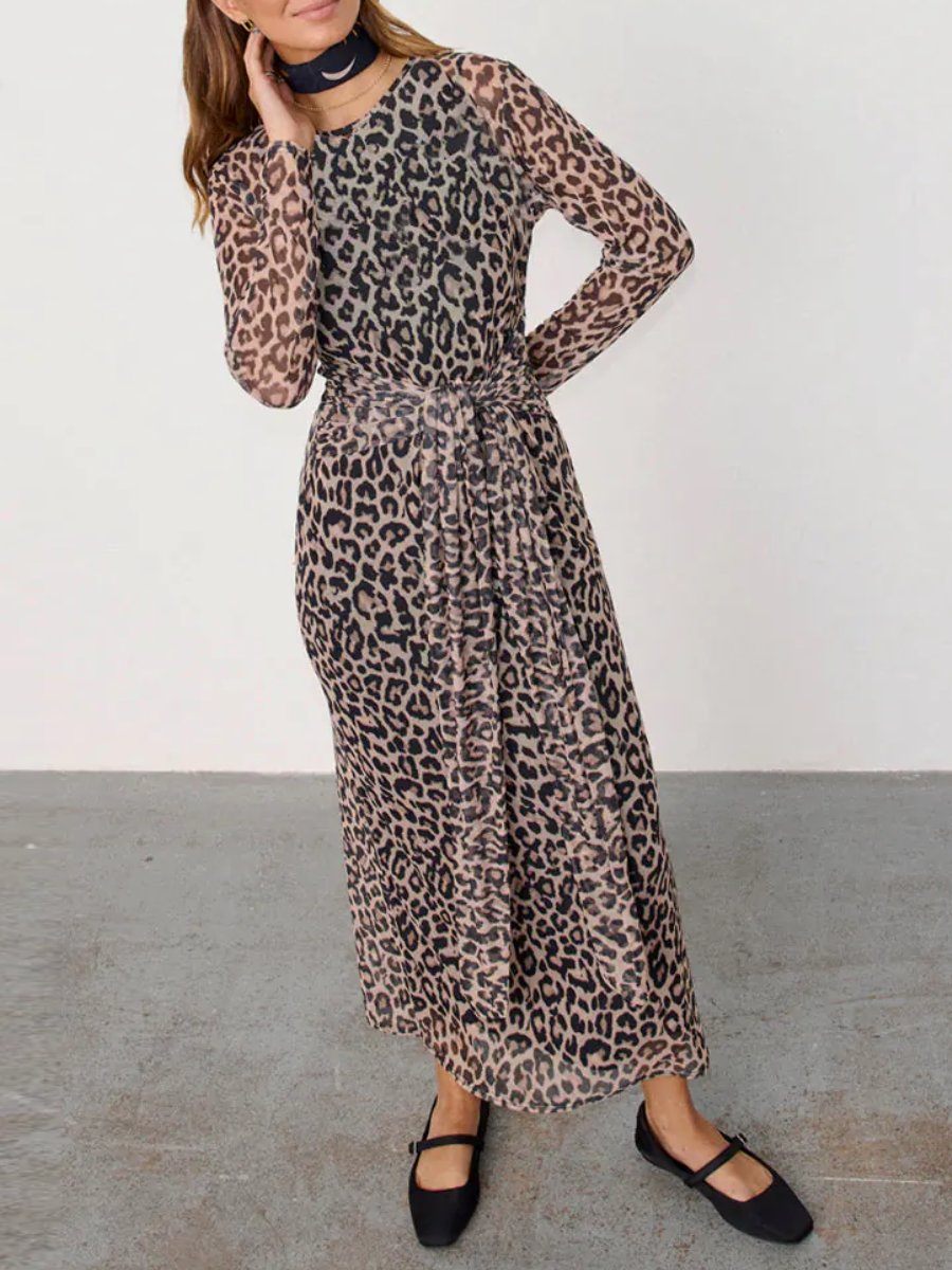 Leopard Print Mesh Midi Dress