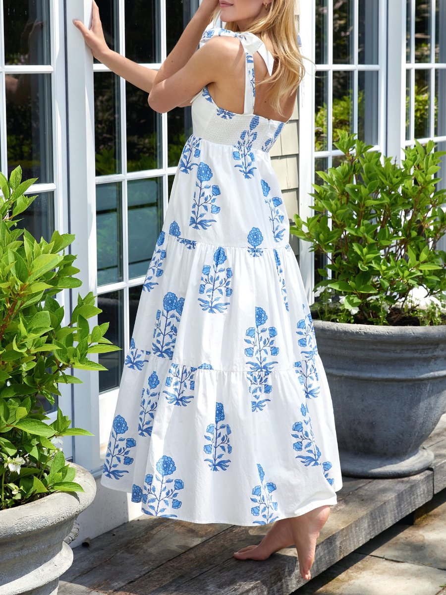 Blue Floral Print Cotton Maxi Dress