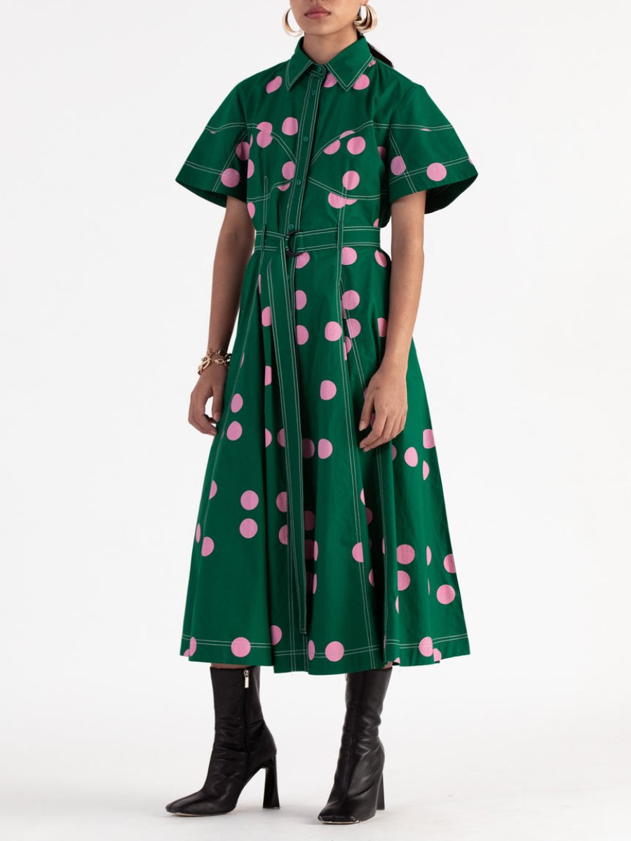 Detached Belt Green Shirt Midi Dress