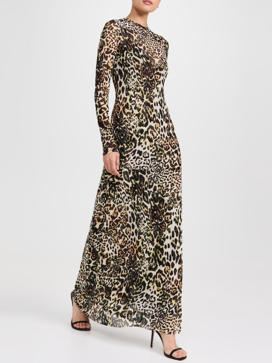 Crew Neck Long Sleeve Leopard Print Maxi Dress