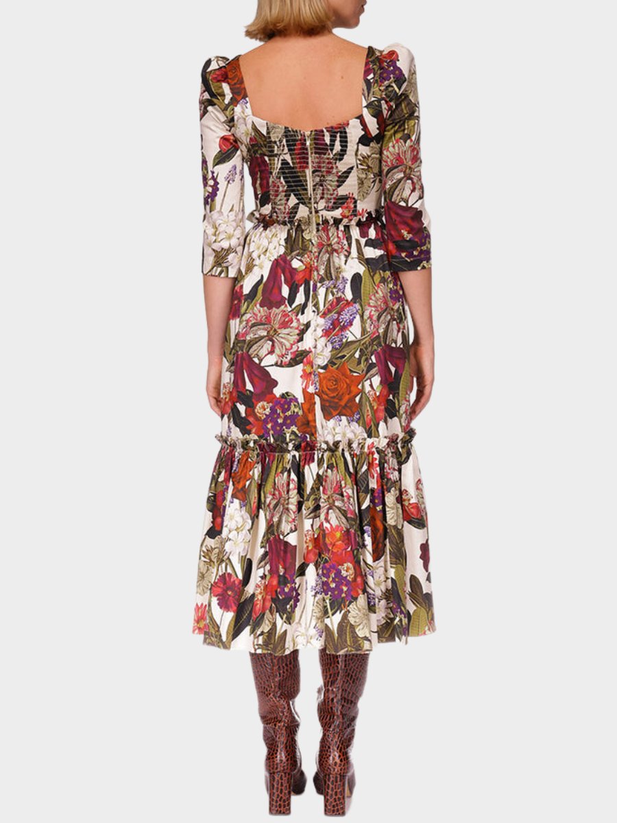 Square Neck Garden Flora Print Midi Dress