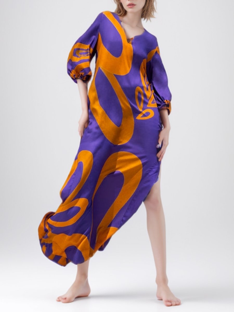 Orange And Lavender V-Neck Maxi Dress