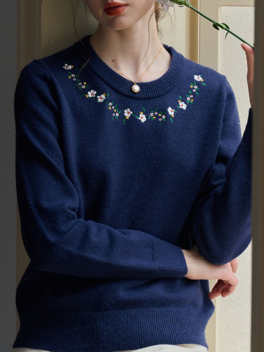 Floral Embroidery Blue Knit Sweater