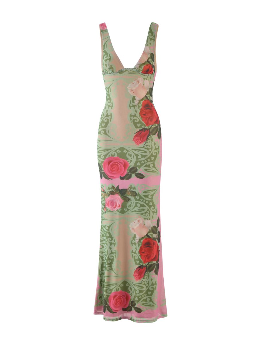 Rose Print V-Neck Maxi Dress