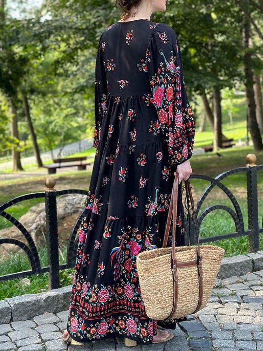 Peacock Print Black Maxi Dress