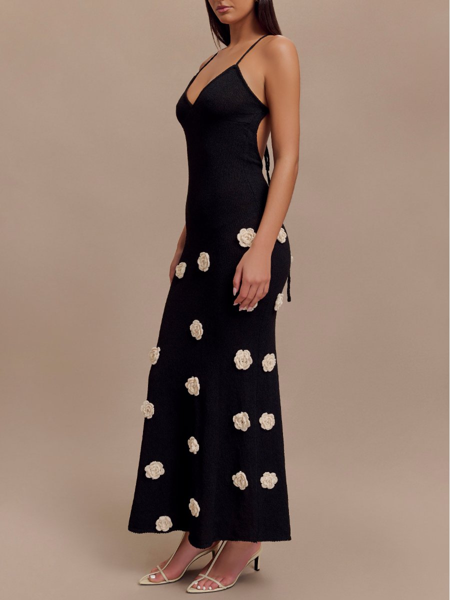 Knit Flowers Black Maxi Dress