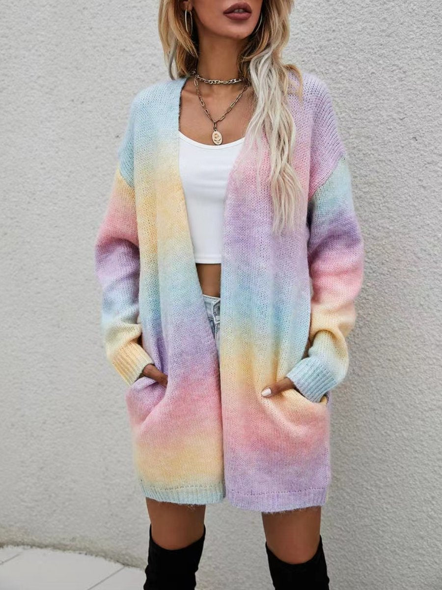 Rainbow Tie Dyeing Medium Pocket Knitted Cardigan