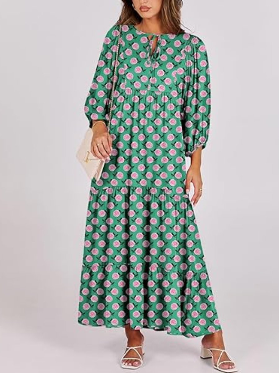 V-Neck Puff Sleeve Floral Swing Maxi Dress