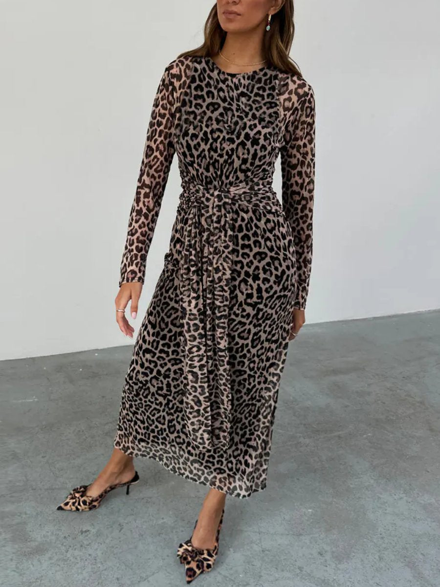 Leopard Print Mesh Midi Dress