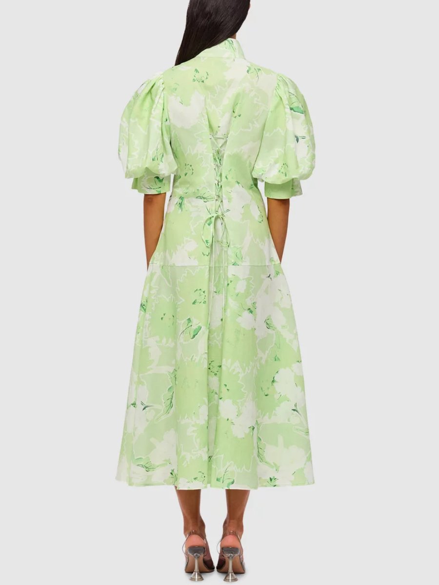 Jasmine Print Sage Drawstring Midi Dress