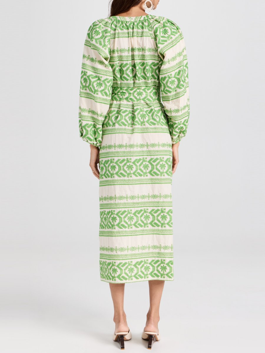 Ivory Green Embroidered Cotton Voile Midi Dress