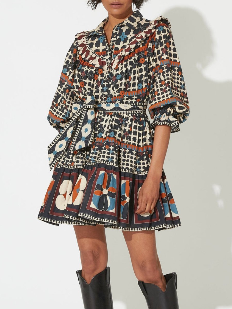 Belted Deco Print Mini Dress