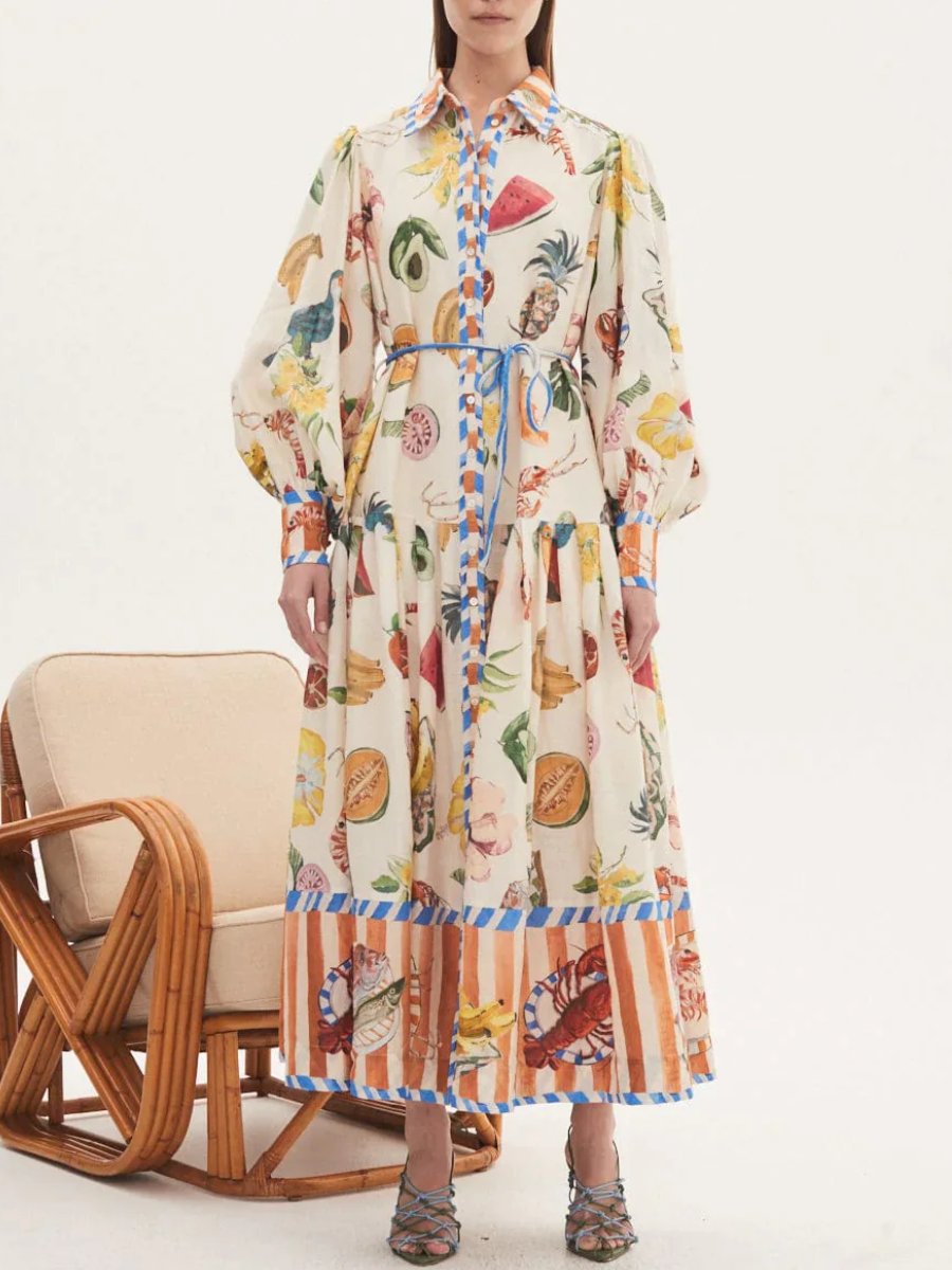 Fruit Printed Shirt Midi Dress