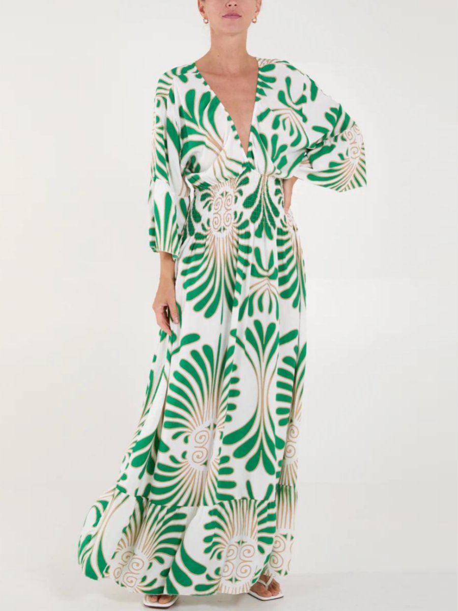 V-Neck Feather Swirl Printed Green Maxi Dress