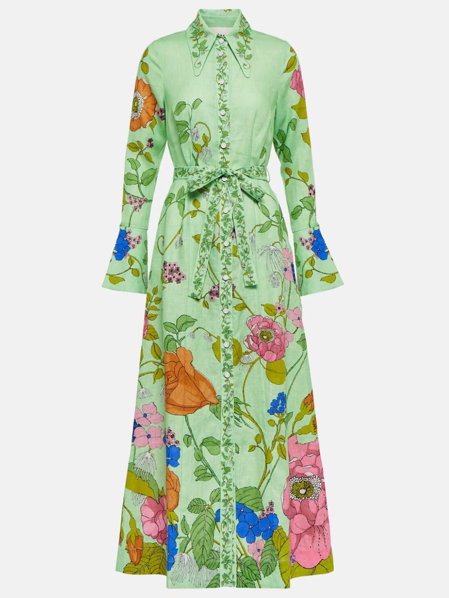 Green Floral Linen Shirt Maxi Dress