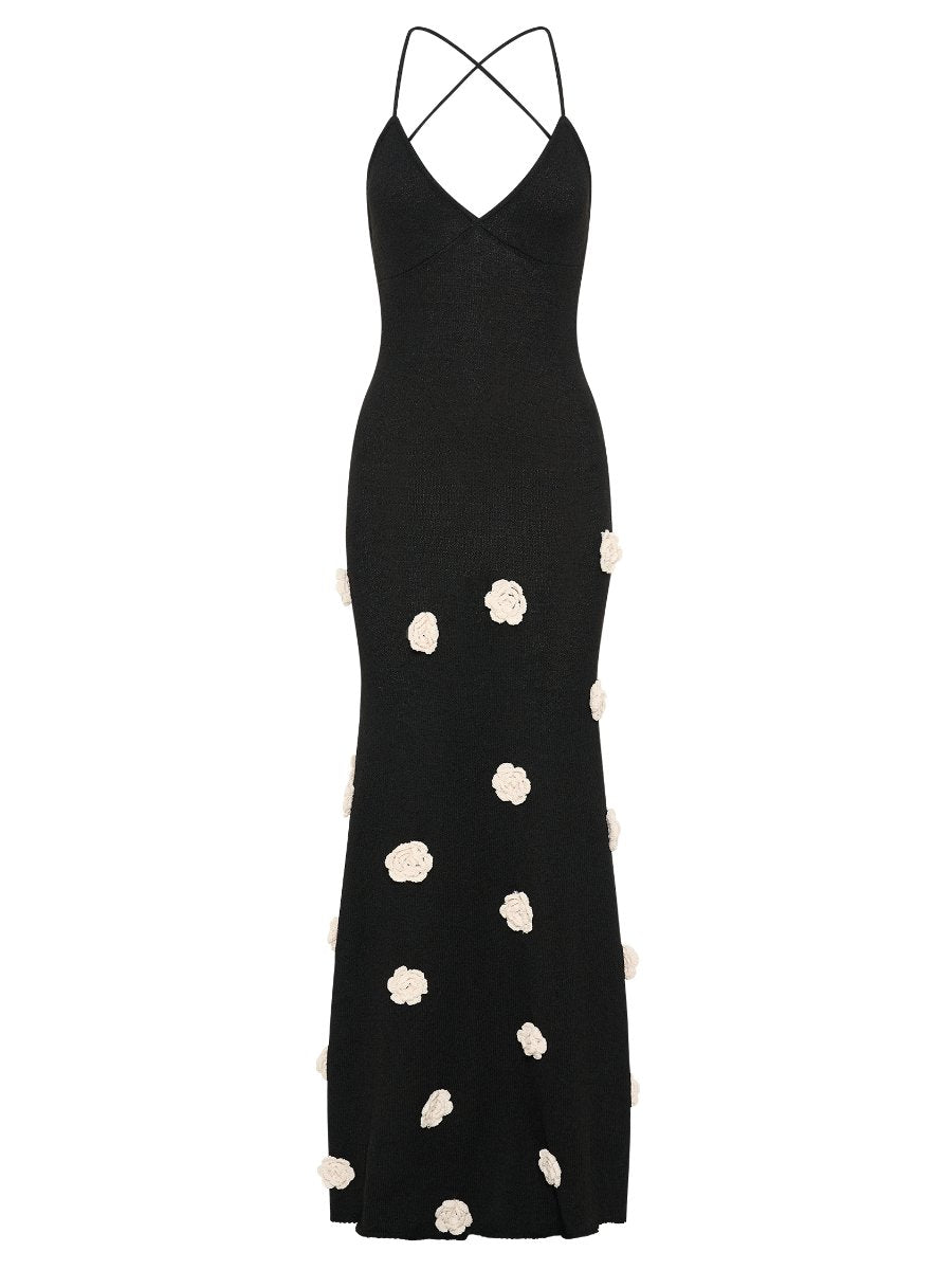 Knit Flowers Black Maxi Dress