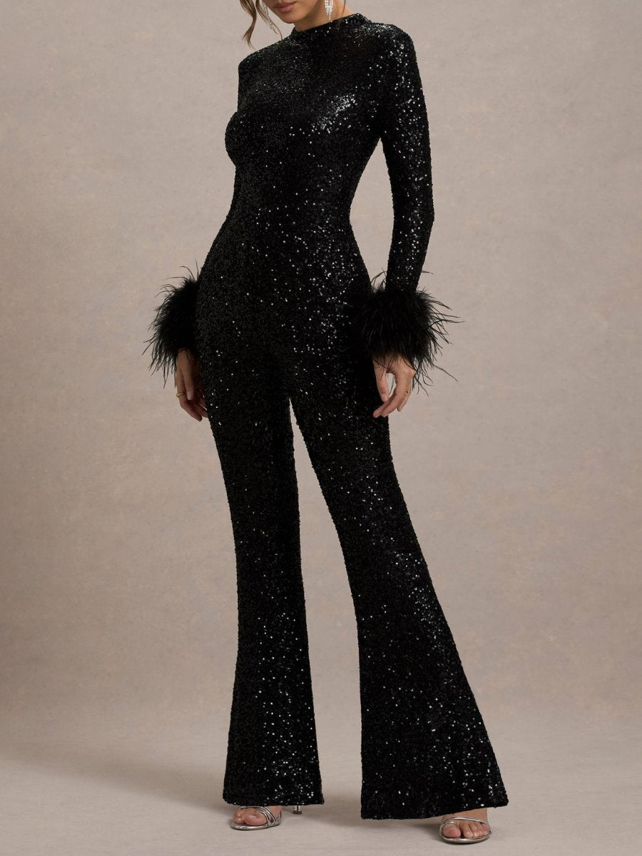 Black Sequin Feather Cuffs Jumpsuit