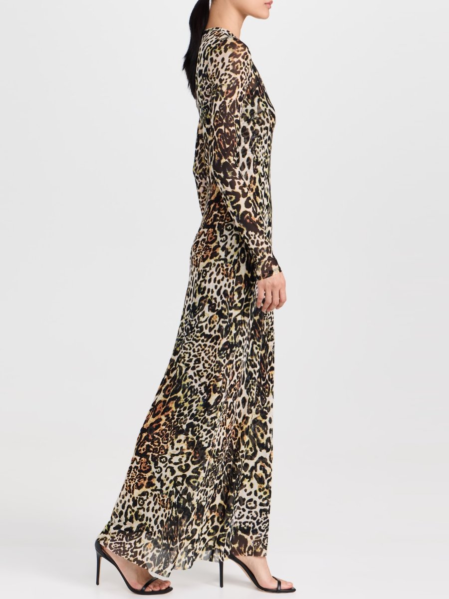 Crew Neck Long Sleeve Leopard Print Maxi Dress