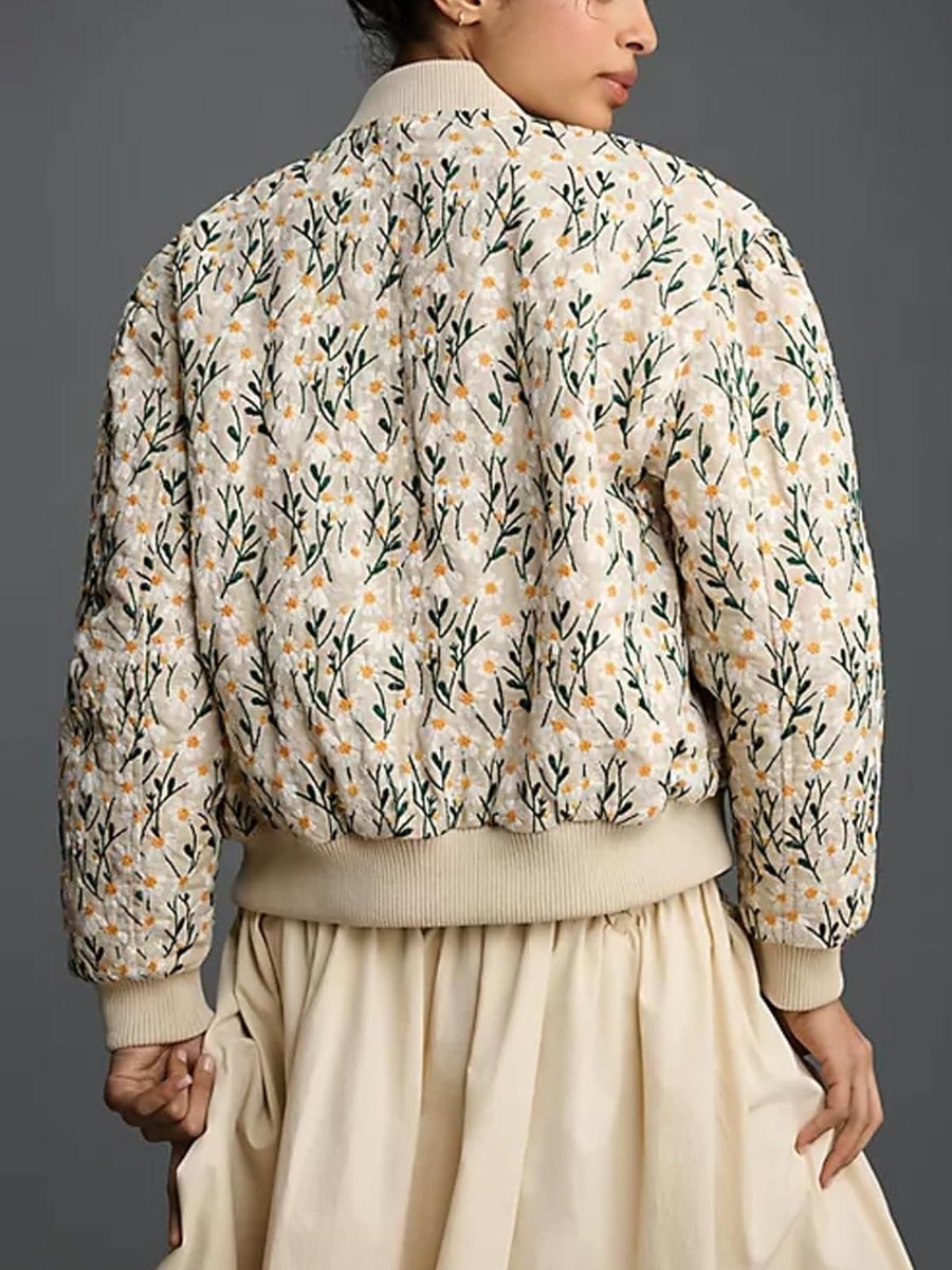 Embroidered Daisy Cropped Bomber Jacket