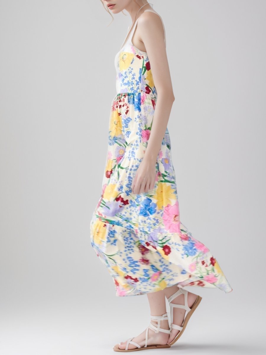 Floral Print Sweetheart Neck Midi Dress