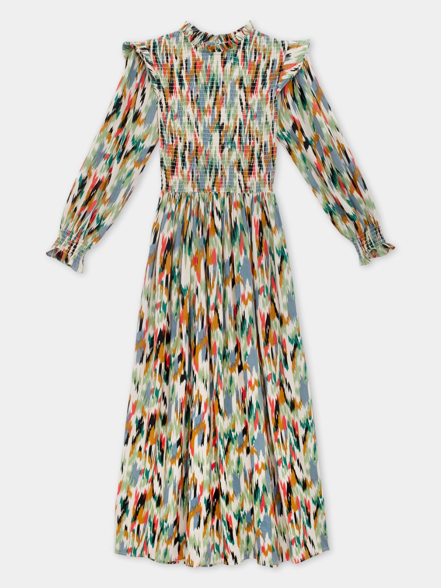 Multicolor Crew Neck Long Sleeve Midi Dress