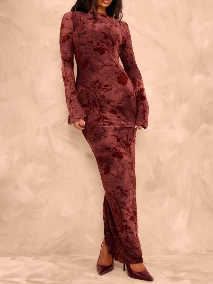 Burgundy Floral Long Sleeve Maxi Dress