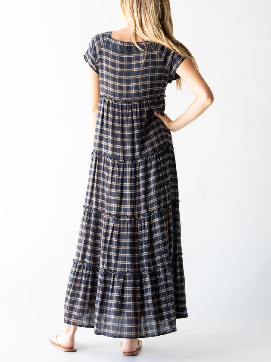 Navy Tan Plaid Berkley Maxi Dress