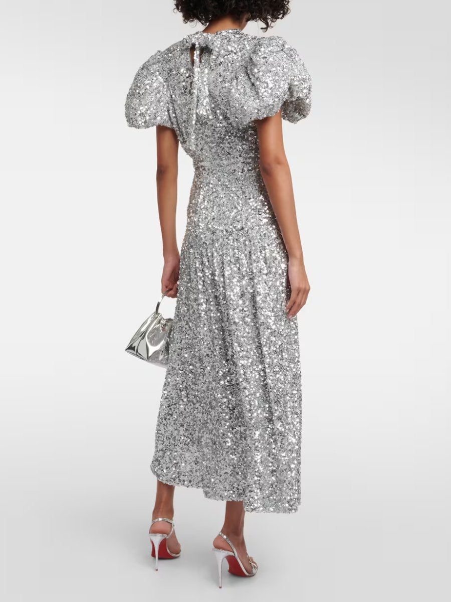 Puff Sleeve Sequined Midi Dress