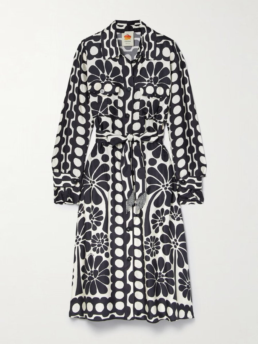 Belted Printed Long Sleeve Midi Dress